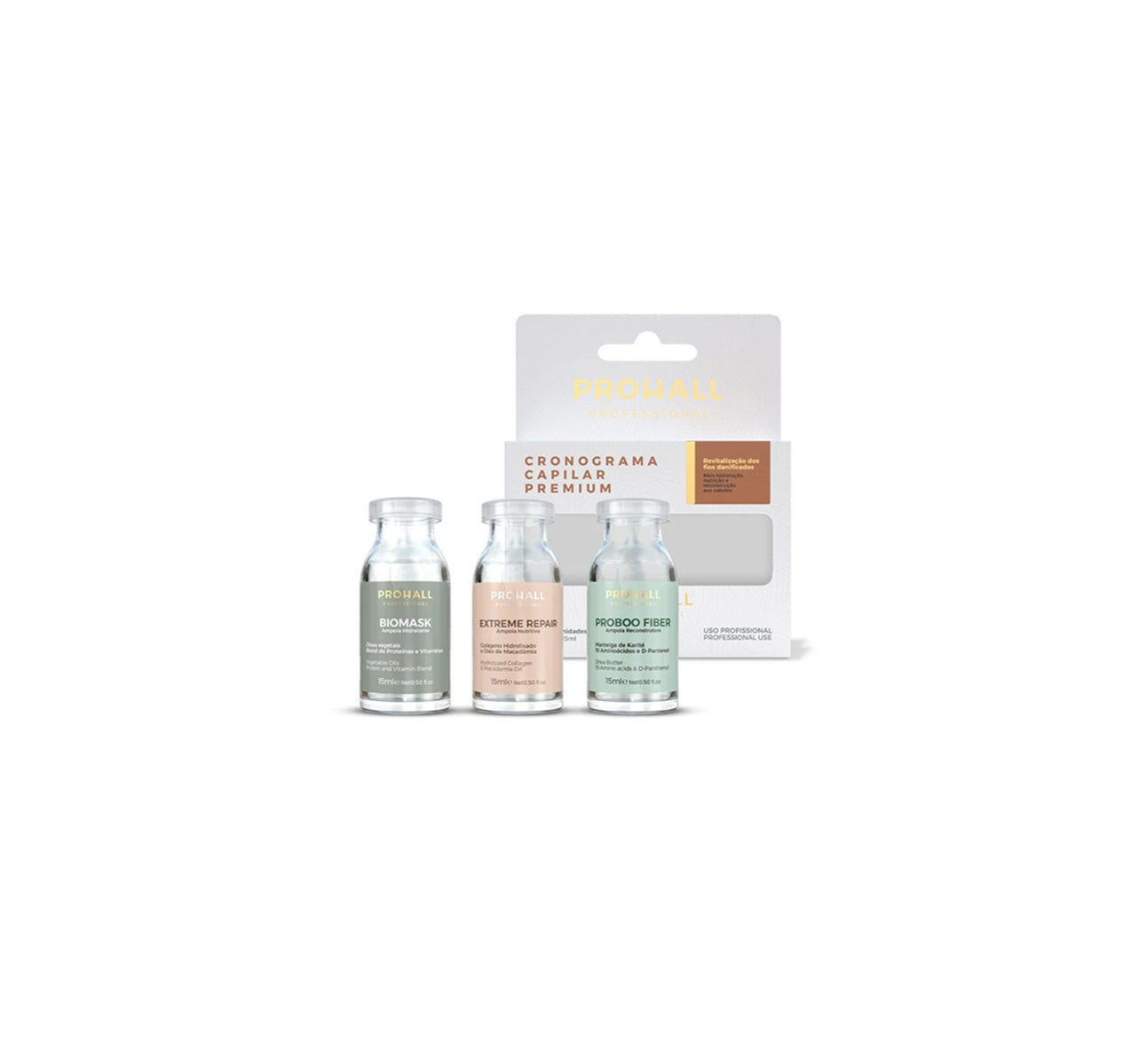 KIT CRONOGRAMA CAPILAR PREMIUM COM 3 AMPOLAS 15ML - PROHALL